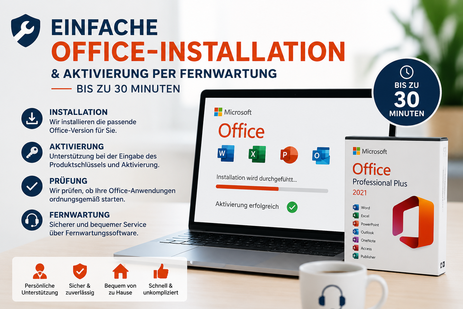 Einfache Office-Installation & Aktivierung per Fernwartung – bis zu 30 Minuten