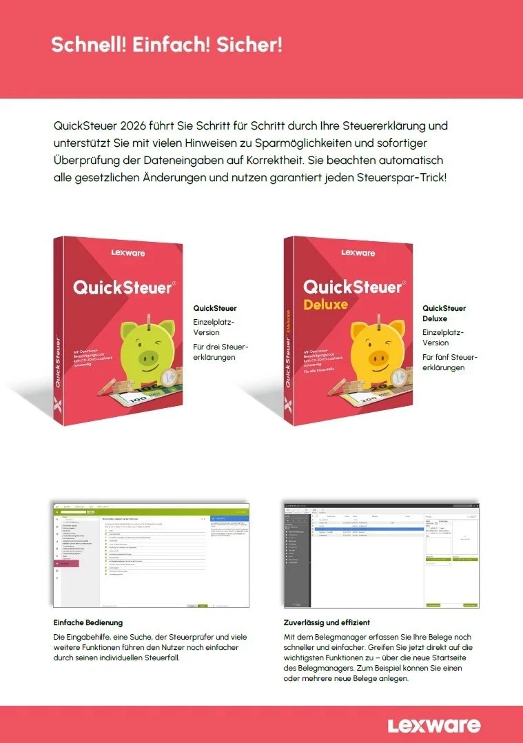 Lexware QuickSteuer Deluxe 2026 | Steuerjahr 2025 | 5 Steuererklärungen | ESD